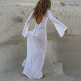 Mesh See Through Long Sleeve Women Dress 2023 Summer Casual Sexy White Maxi Beach Dresses O Neck Solid Loose Outfits-Outfit