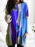 Abstract Printed Shirt Women Long Sleeve Face Print T Shirt Tops Elegant O Neck Pockets Irregular Tee Shirt