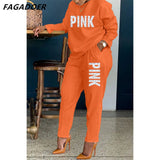 Long Sleeve Women Two Piece Solid Tracksuits Pink Letter Print O Neck Shirt & Casual Slim Pants Set Tracksuits