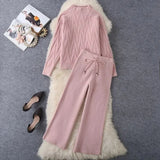 Winter Knitted 2 Piece sets Women's Thick Warm Casual Pullover Sweaters+Wide leg pants Tracksuits Korean