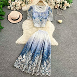 Fongt High-End Lace-Print Temperament Single-Drace Buckle Round-Neck Short-Sleeved Top Two Sets Of High-Rise Slimming Skirt