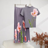 Fongt Fashion Set Women's Summer French High-Grade Folding Print Short-Sleeved Top + Loose A Word 100-Fold Long Skirt