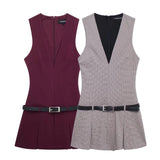 Fongt Women's Clothing 2025 Autumn And Winter New Waist Bandwidth V-Neck Sleeveless Checker Mini Dress