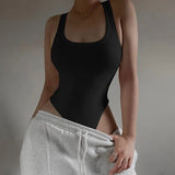 Fongt Style 2024 Summer Women's Solid Color Slim U-Neck Sleeveless Vest Jumpsuit-Outfit