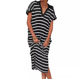 Fongt Summer Dress Women's V-Neck Stripe Low Slit Lapel Long Sweater Even-Outfit