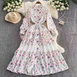 Fongt Retro Court Wind Hollow Lace Splicing Lantern Sleeve Collection Waist Single Buckle Print Dress 2025 Spring Dress