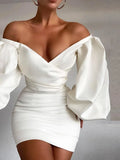 off Shoulder Dress Lantern Sleeve 2 Layers White High Waist Bodycon Dresses Backless Vestidos Women Sexy Mini Robe