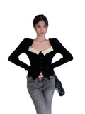 Temperament Black Collar Knitted Shirt 2025 Spring And Autumn New Open Fork Thin Short Bottom Long Sleeve
