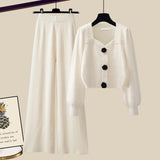 Knit Sets Womens Outfits French Vintage Square Collar Knitted Sweater And Wide Leg Pants Two Pieces Sets Office Lady