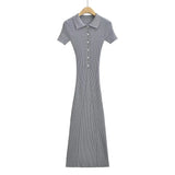 Fashion Women's Wear Pure Style Lapel Short-Sleeved Fishtail Dress Skirt Waist Slim Hip Knit Long Skirt-Outfit