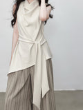 Fongt Texture Sleeveless Top Summer New T-Shirt With Waist Design Temperament White T-Shirt Women + Striped Pants
