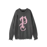 Gothic Y2K Grey Sweater Women Grunge Harajuku Oversize Distressed Pullover Jerseys Kpop Hippie Streetwear Knitted