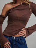 Knitted Long Flare Sleeve Solid Slim Fit T-shirts Top for Women Off Shoulder Casual Basic Tees Shirts Streetwear 2023-Outfit