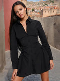 Fongt Simple Style Dress Women 2025 Spring New Collar Folded Waist Design Solid Color Long Sleeve