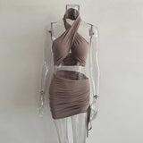 Skirts Womens Outfit 2021 Summer Sexy Dress Sets Halter Soft Crop Top Drawstring Off Shoulder Lady Snug Two Piece