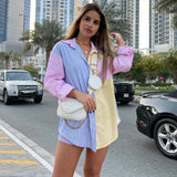 Women‣s Fresh Girlish Style Button Down Oversized Shirts Long Sleeve Striped Print Color Block Loose