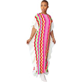 Fongt New Women's Dress Flounce Knitted Striped Slit Dress-Outfit