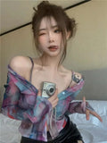 Gradient V-neck Shirt for Women Y2k E-Girl Slim Fit Mesh Blusas Mujer Summer Long Sleeve Sun Protection Blouses-Outfit