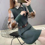 Fongt And Elegant Suit Fake Two Long Waist Dress Plaid Shirt Sweater Knit Two Set Inside-Outfit