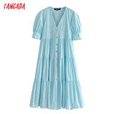 2021 Summer Women Solid French Style Long Cotton Dress V Neck Puff Short Sleeve Ladies Elegant Sundress