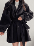 Puff Sleeve Belted Woolen Coat-Outfit