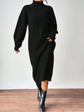 Fongt Women's Sweater Skirt Fashion Jacket High-Necked Long-Sleeved Knitted Skirt Solid-Colored Inside Skirt