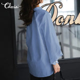 Women Fashion Blouses Autumn Tops Long Flare Sleeve Casual Solid Shirts Buttons Loose Work Blusas