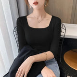 Sleeve Square Collar Slim Cotton T-shirt Tee Girls Solid Summer Basic High Elasticity Tshirts Crop Tops For Women-Outfit