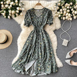 Dress Women's Aging Bubble Cuff Buckle Slimming Medium-Long Heart Machine Forked Retro Broken Flower Platycodon Grandiflorum Skirt-Outfit