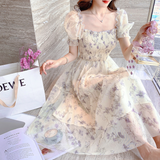 Chiffon Elegant Kawaii Dress Women Floral Print Sweet Princess Casual Midi Dress Female Puff Sleeve Party Holiday