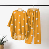 Bohemian Summer Polka Dots Printed Holiday Matching Sets Long Sleeve O-Neck High Low Blouse Femme Fashion Casual