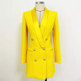 QUALITY Newest 2023 Designer Long Blazer Lion Buttons Double Breasted Satin Shawl Collar Blazer Dress Fluorescent