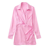 Women Fashion Srping Pleated Soft Touch Wrap Mini Dress Vintage Long Sleeve Side Buttons Female Dresses Vestidos