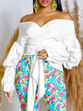Fongt New Summer Fashion Solid-Colored Bare Shoulder Cross Strap Bubble Sleeve Sexy V-Neck Shirt African Top