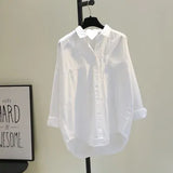 Fongt Cotton Single-Dnecked Collar Long Shirt In Pure Color White Loose Long-Sleeved Shirt For