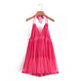 The Summer Of 2024, The New Style Baitai Thin Laminated Net Yarn Spliced V-Collar Halter Skirt With Large Bare Back-Outfit
