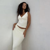 Deep V-Neck White Seam Top-Outfit