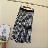 New Autumn And Winter vintage Stretch High Waisted Midi Pleated Houndstooth Printed Knitted Skirt For Women Runway