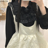 Vintage Lolita Blouses Women White Kawai Lace Peter Pan Collar Rose Bow Chiffon Shirts Black Elegant Long Sleeved Top-Outfit