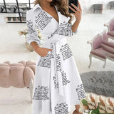 Fongt New Fall 2024 Fashion Print Long Sleeve V Neck / Hip Commuter Dress