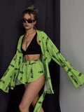 Fongt New Loose Long-Sleeved Women's Printed Casual Commute With Pajamas High-Waist Shorts Set