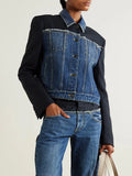Fongt 2024 New Fashion Retro Jacket Jacket Design Sense Color Splicing Long Sleeve Short Denim Jacket Girl-Outfit