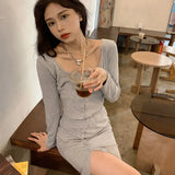 Fongt New Suit Hottie Exposed Umbilled Long-Sleeved Top + High Waist Open Half-Body Bag Skirt Two