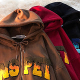 Letter Embroidery Hoodies High Street Retro Flame