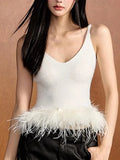 Fongt Temperament Sexy Blouse 2025 Autumn/Winter New V-Neck Splicing Knitted Feathers Slimming Sling Vest Female Tide