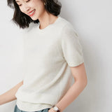 Fongt Female Round Collar Loose T-Shirt Inside Build Sweater Spring Autumn Base Outside Wear Short Sleeve Hair-Outfit