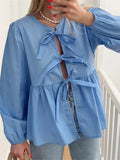 Women Shirts Long Sleeve Front Split Tie-up Loose Casual Solid Elegant Spring Fall Tops OL Solid/Striped Print Blouse-Outfit