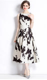 Fongt Retro Round Neckless Position Printing Dress Women's Summer Waist Thin Temperament Waist Swing Vest Skirt