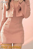 Pink Elegant Two Piece Set Women Korean Style Balzer Coat+Strap Mini Dress Set Female Solid Casual Slim Designer Set