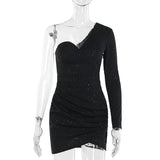 Fongt Fall 2024 New Sexy Single Shoulder Long Sleeves Fold-Inflash-Bag Dress